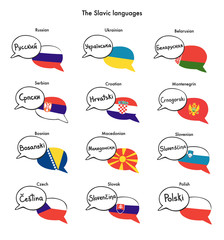The Slavic languages. Set of vector clip art of speech bubbles with national flags of Russia, Poland, Serbia, Croatia, and other Slav countries. Foreign language course, school or travel agency design © Natalia