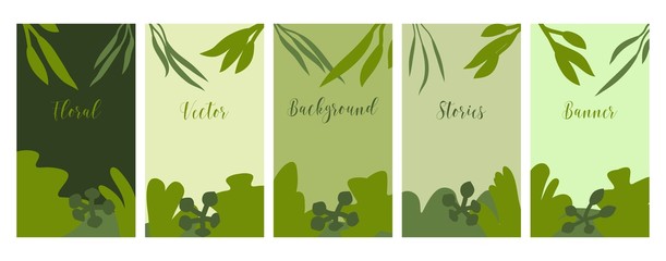 Social media banners set, green floral backgrounds with copy space for text, flat colors, vector templates.