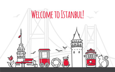Welcome to Istanbul. Modern vector illustration of famous symbols of the Turkish city. Galata and Maiden towers, retro tram, Bosphorus bridge. Travel to Turkey web banner and landing page design.