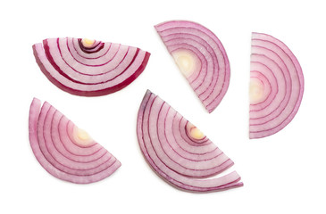 Red onion half moon slices on white background