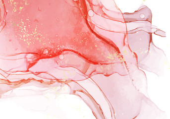 Abstract alcohol ink pastel coral pink color paint with pastel golg texture background. Fluid creative concept composition with copy space. Minimal natural luxury wallpaper. Vector