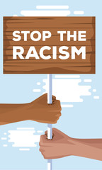 interracial hands with wooden label stop racism campaign