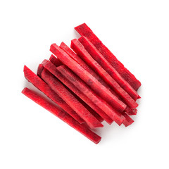 Beetroot sticks on white background, top view