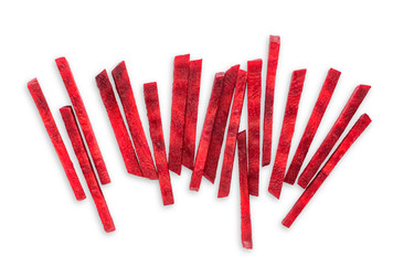 Beetroot sliced into sticks on white background