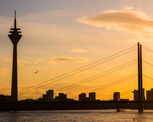 Rheinturm TV Tower and Knie Bridge in Dusseldorf, Germany