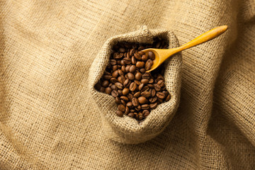 Burlap hessian sack of roasted coffee beans