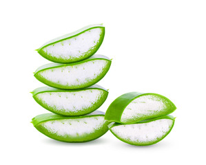 Aloe vera fresh leaves with slices on white background