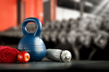 Fototapeta premium Dark interior of gym and dumbbells.Free space for your decoration and healthy life 