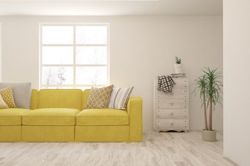 Modern living room in white color with sofa. Scandinavian interior design. 3D illustration