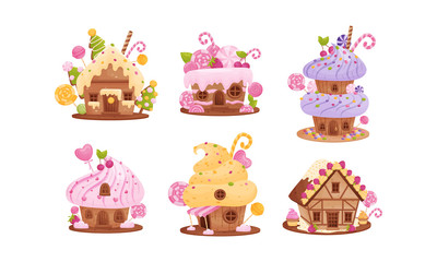 Sweet Gingerbread Houses with Creamy and Candy Toppings Vector Set