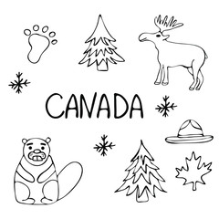Canada icons set. Traditional Canadian signs and symbols. Colored cartoon line icons