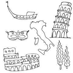 Hand drawn Italy symbols and landmarks set. Travel collection.