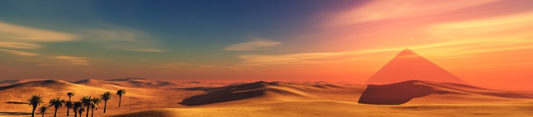 Fototapeta na wymiar Desert panorama with pyramids at sunset