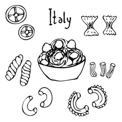 Hand drawn Italy symbols set. Travel collection. Traditional food italy