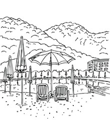 Landscape with mountains and sun loungers with hotel and beach umbrellas. Spa resort vacation in line art style.