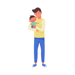 Young Man Holding Baby in Arms Vector Illustration. Dad Nursing His Kid