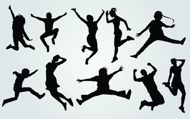 Happy jumping people silhouettes. Silhouette group of people jumping on white background. Happy celebration concept.
