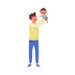 Young Dad Holding His Baby in the Air and Playing with Him Vector Illustration