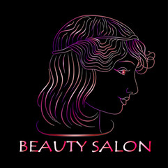Beauty salon, neon girl profile. Hair. Dark background. Illustration