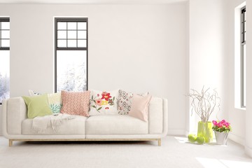 Modern living room in white color with sofa. Scandinavian interior design. 3D illustration