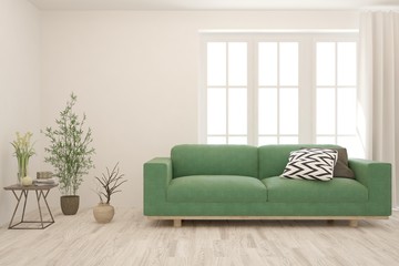 Modern living room in white color with sofa. Scandinavian interior design. 3D illustration