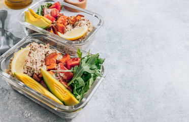 Vegetarian healthy meal prep containers . Raw vegetables and quinoa for lunch on light table. Vegan, healthy, detox food concept. Selective focus