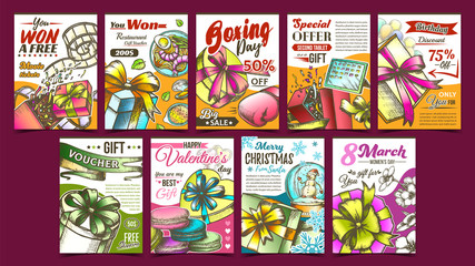 Gift Box Collection Advertising Posters Set Vector. Different Creative Advertise Banners With Present Box And Snowball, Tablet And Flowers. Template Hand Drawn In Retro Style Color Illustrations
