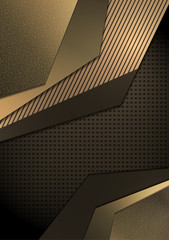Bright abstract technical composition, geometric shapes, overlap, stripes, dots, perforated dark background. The colors of gold. Modern template for your corporate design.