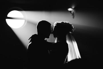 the charming dance of the newlyweds in the dark hall of the rest