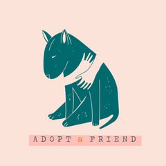 Adopt a Friend. Do not buy a pet. Human hands are hugging abull terrier Dog silhouette. Animal care, adoption concept. Help the homeless animals find a home. Hand drawn Vector illustration - obrazy, fototapety, plakaty