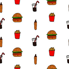 Seamless fast food pattern, Doodle vector fast food background. Hand draw pattern