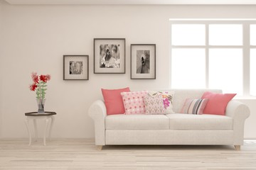 Modern living room in white color with sofa. Scandinavian interior design. 3D illustration