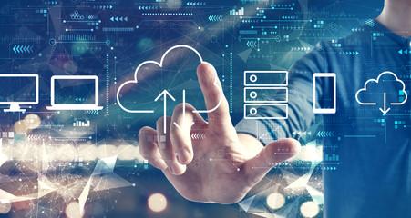 Cloud computing with a man on blurred city background