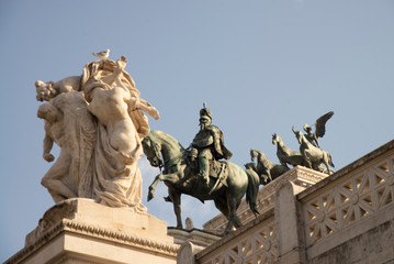 Artistic and architectural works of the Vittoriano Rome, Italy. Sculptural group Il Sacrificio, equestrian statue of Vittorio Emanuele II, bronze statue with winged victory unity of the fatherland.