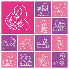 set of cards with mother and baby, line style icon