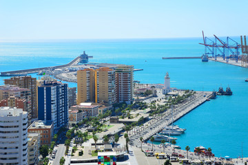 Fototapeta na wymiar Malaga, Spain - March 4, 2020: View of the city of Malaga next to its Port.