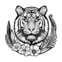 Tiger portrait in tropical flowers frame. Dreamy magic art. Night, nature, wicca symbol. Isolated vector illustration. Great outdoors, tattoo design.