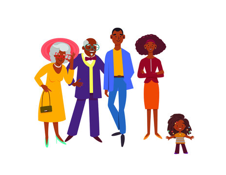Happy large black family portrait. African american group of diverse ages. Flat vector illustration on white background.