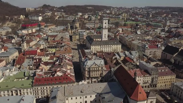 Aerial view to Central City Hall in the tourist and historical center of Lviv city, Ukraine
