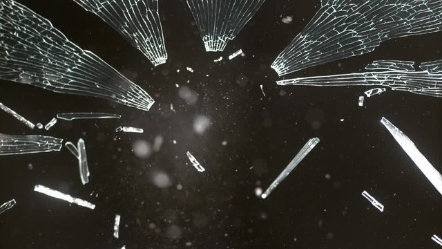 Grunge Glass breaking in slow motion on black background