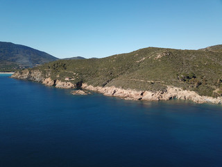Naklejka na ściany i meble Drone view of Elba island southern coastline (Campo nell'Elba). Tuscany, Italy
