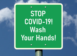 green and white sign. COVID-19 label. infectious disease prevention concept. virus hazard warning, originating in China. also called Coronavirus. illustration style raster image. blue sky background.