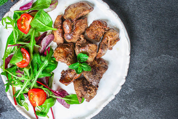 liver cream stew, creamy sauce (chicken liver, healthy diet eating) keto or paleo diet menu concept background. top view. copy space for text