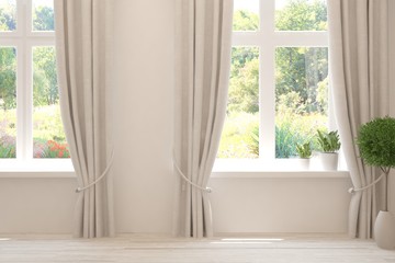 Obraz na płótnie Canvas Stylish empty living room in white color with summer landscape in window. Scandinavian interior design. 3D illustration