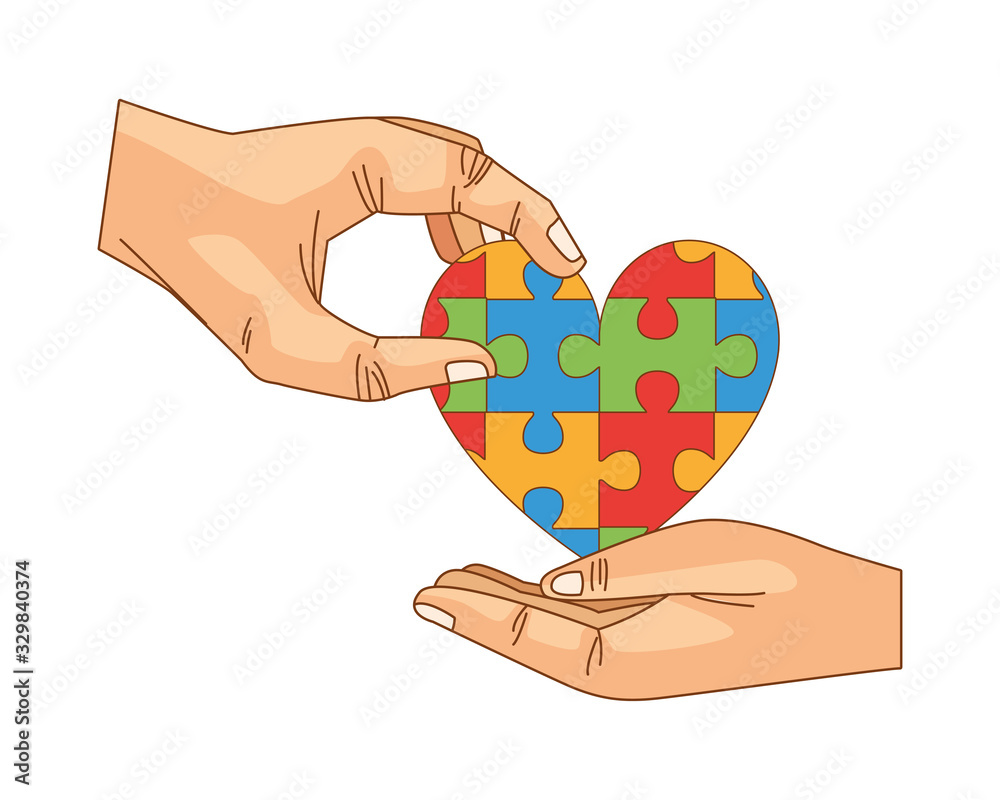 Wall mural hands human with heart puzzle game pieces