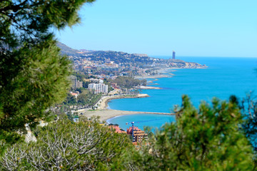 Malaga, Spain - March 4, 2020: Views of the city of Malaga with the Beaches of Pedregalejo and Acacias.