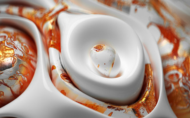 3d render of abstract 3d background based on organic curve wavy smooth and soft bio forms in white glossy ceramic material with orange gold damaged parts