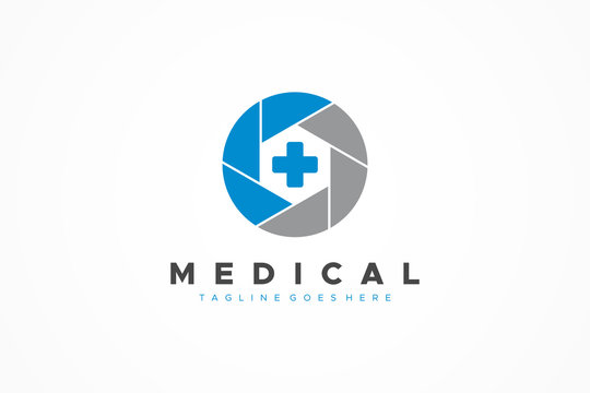 Medical Logo. Shield Camera with Blue Cross Sign Inside. Flat Vector Logo Design Template Element.