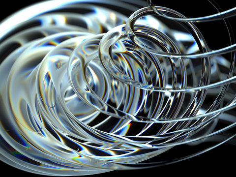 3d render of abstract 3d background with depth field effect based on curve round lines or tubes in glossy glass and matte in some parts with dispersion effect on black background