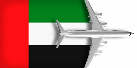 3D flag of the United Arab Emirates with an airplane flying over it